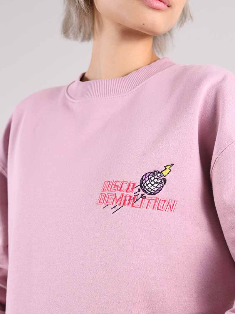 Disco Demolition Embroidered Sweatshirt, Organic Cotton, in Ash Pink