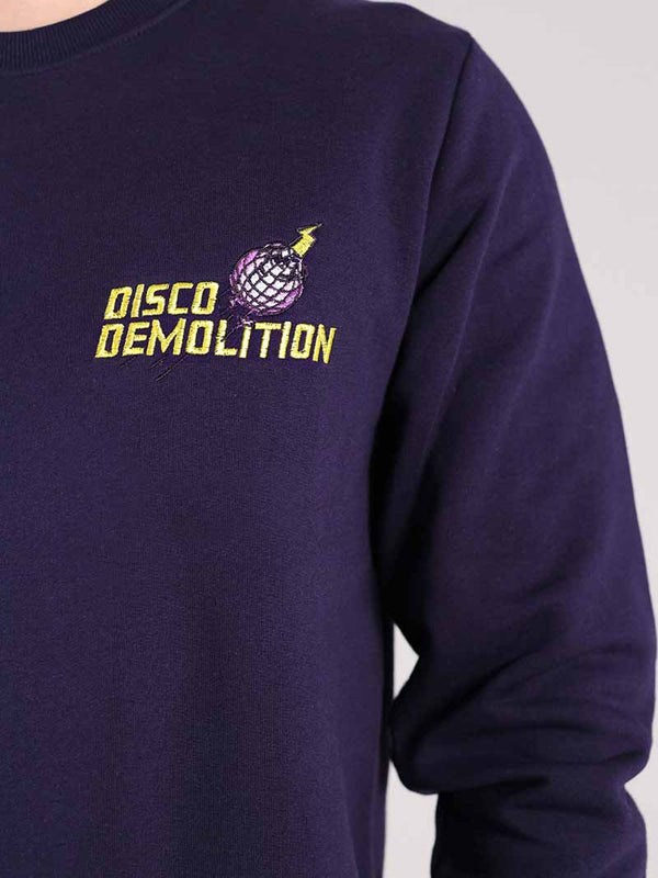 Disco Demolition Embroidered Mens Sweatshirt, Organic Cotton, in Navy