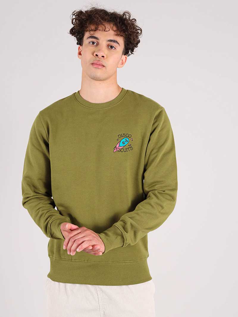 Disco Trip Embroidered Mens Sweatshirt, Organic Cotton, in Khaki Green