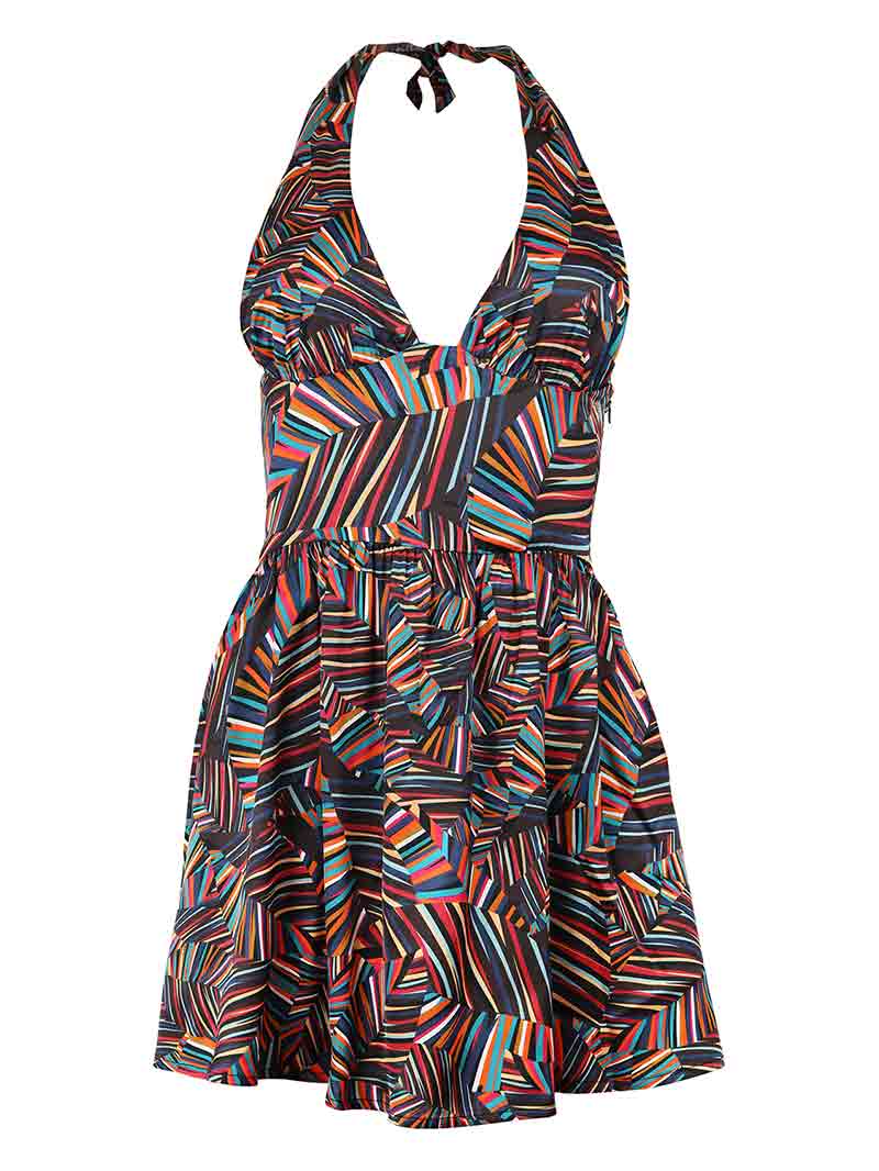 Beachy Halter Neck Mini Dress, Upcycled Viscose, in Colourful Print