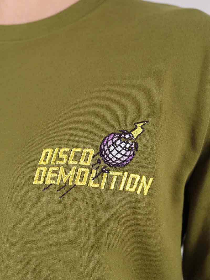 Disco Demolition Embroidered Mens Sweatshirt, Organic Cotton, in Khaki Green