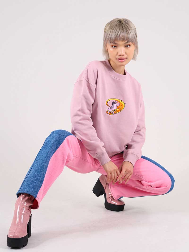 Funky Disco Embroidered Sweatshirt, Organic Cotton, in Ash Pink