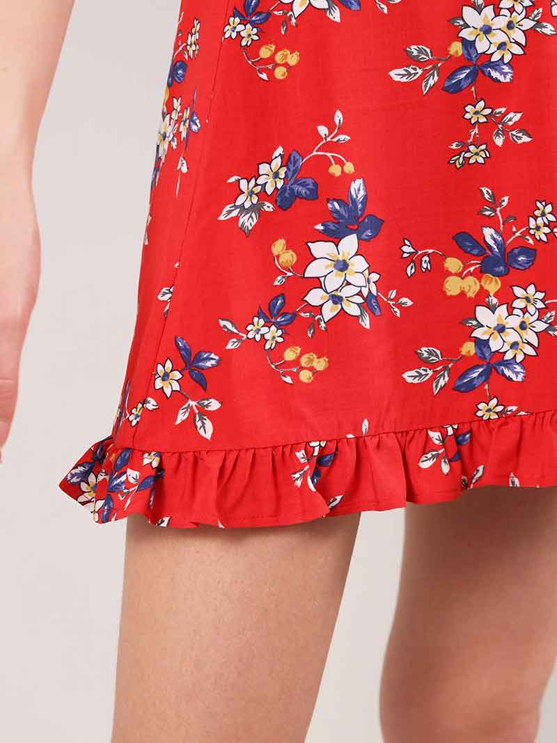 Flower Power Mini Dress, Upcycled Viscose, in Red Flower Print