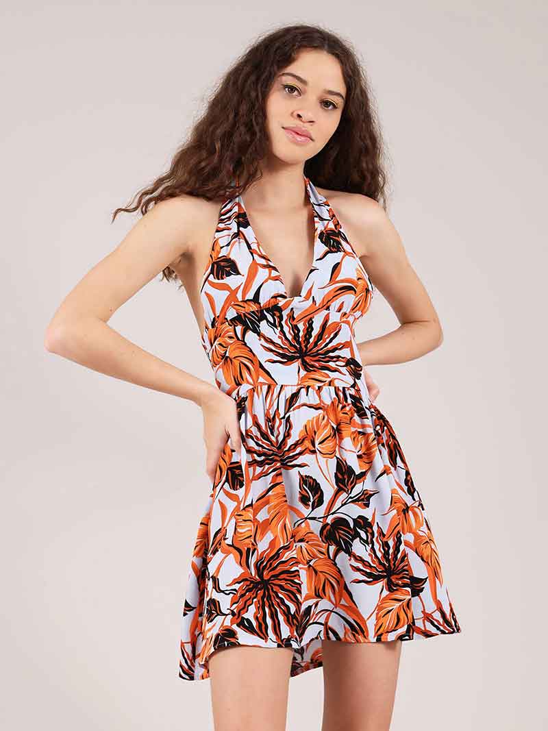 Beachy Halter Neck Mini Dress, Upcycled Viscose, in Blue & Orange Palm blonde gone rogue Beachy Halter Neck Mini Dress, Upcycled Viscose, in Blue & Orange Palm blonde gone rogue