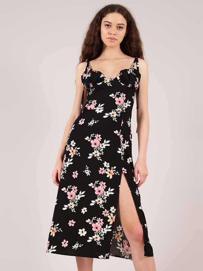 Flower Power Midi Dress with Slit, Upcycled Viscose, in Black Flower Print