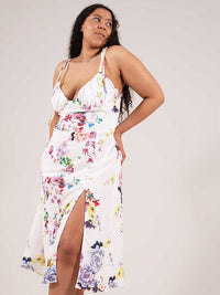 Flower Power Midi Dress with Slit, Upcycled Viscose, in White Flower Print