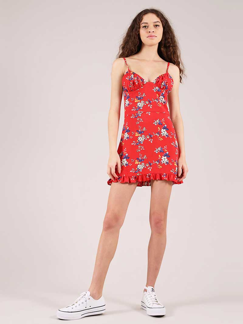 Flower Power Mini Dress, Upcycled Viscose, in Red Flower Print