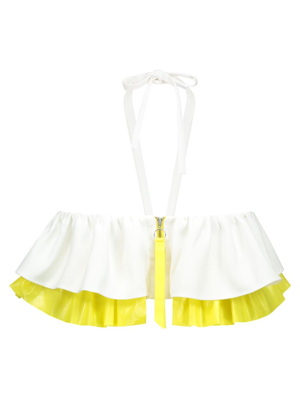 Back of a white and yellow crop top with yellow zipper