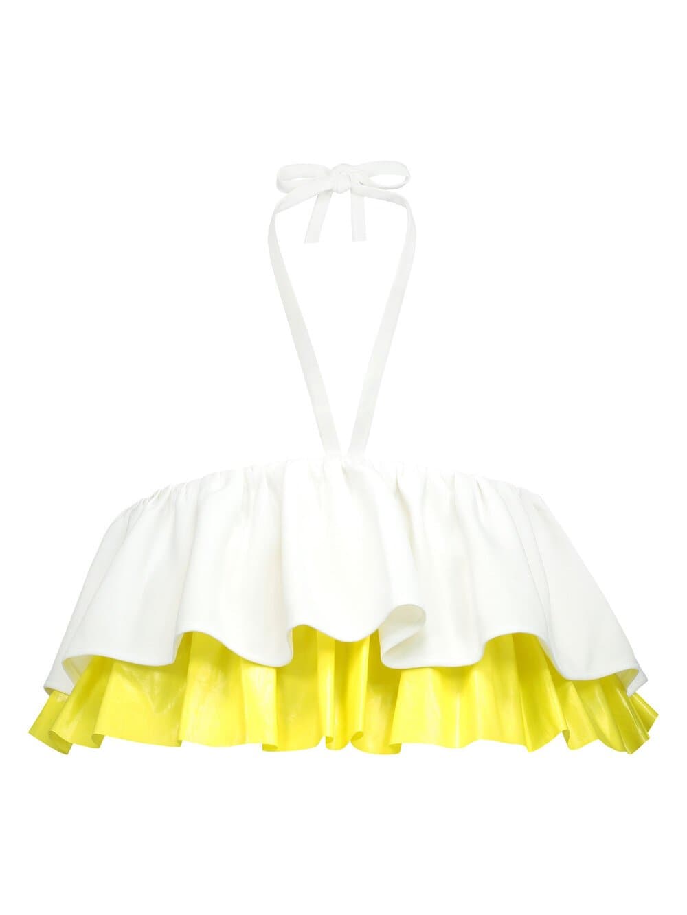 Front of a white and yellow ruffled crop top