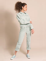 Girl wearing a denim set in light blue