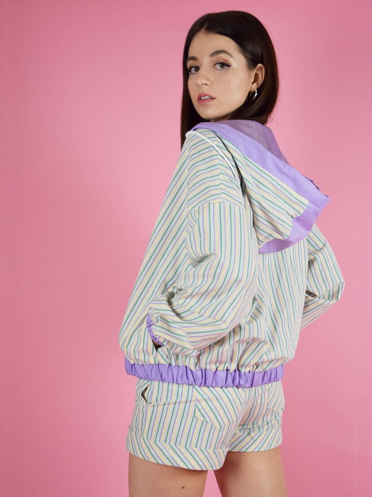 Bonfire Bomber Light Spring Jacket, Upcycled Cotton, in Colourful Stripe