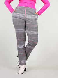 Straight leg and slim fit, the revivify trousers are comfortable for everyday wear. They have grey and pink checker fabric and pink metal zip with ring puller at the front. 