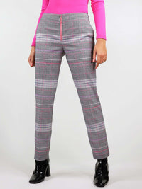 The revivify trousers have bright pink details and pink and grey checker fabric. They have two slant pockets and pink metal zip with ring puller at the front.