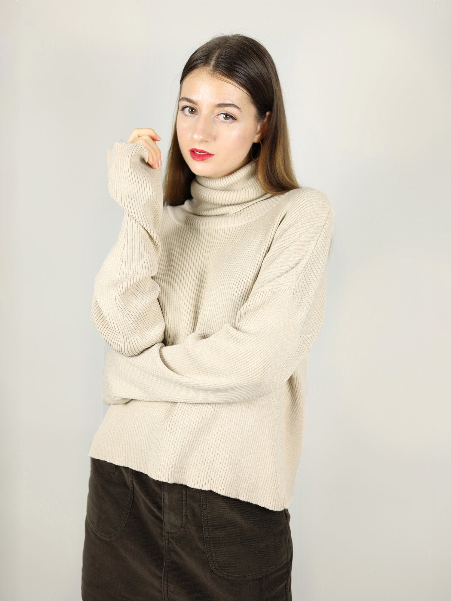 Cosy Knitted Turtleneck Jumper Upcycled Yarn in Beige