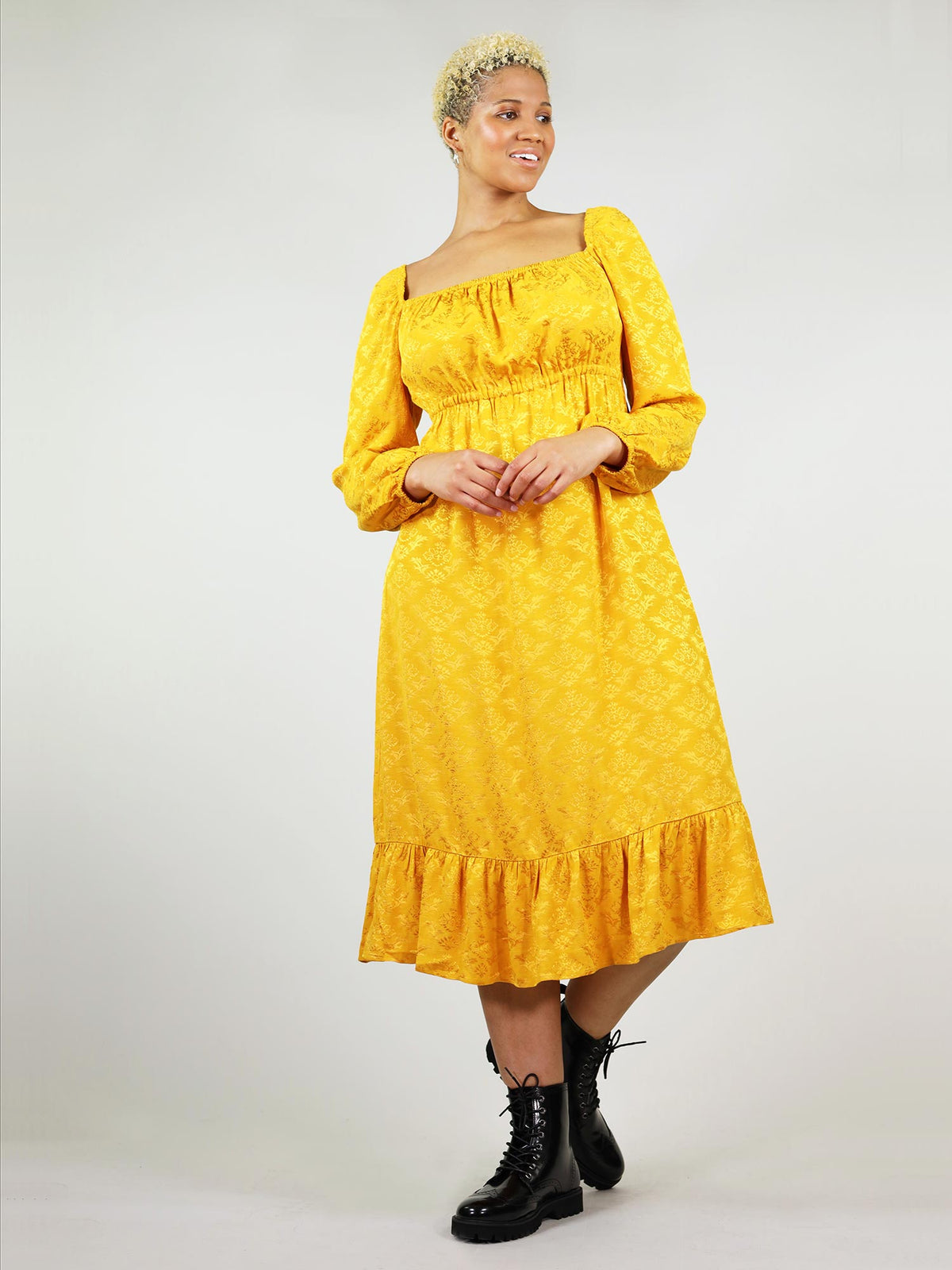Empire Cut Midi Dress, Upcycled Viscose, in Golden Yellow