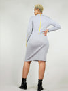 Back shot of the grey wicked zip dress with tight body con fit. Under knee length and long sleeves with bright yellow neon zip from neck to waist that unzips.