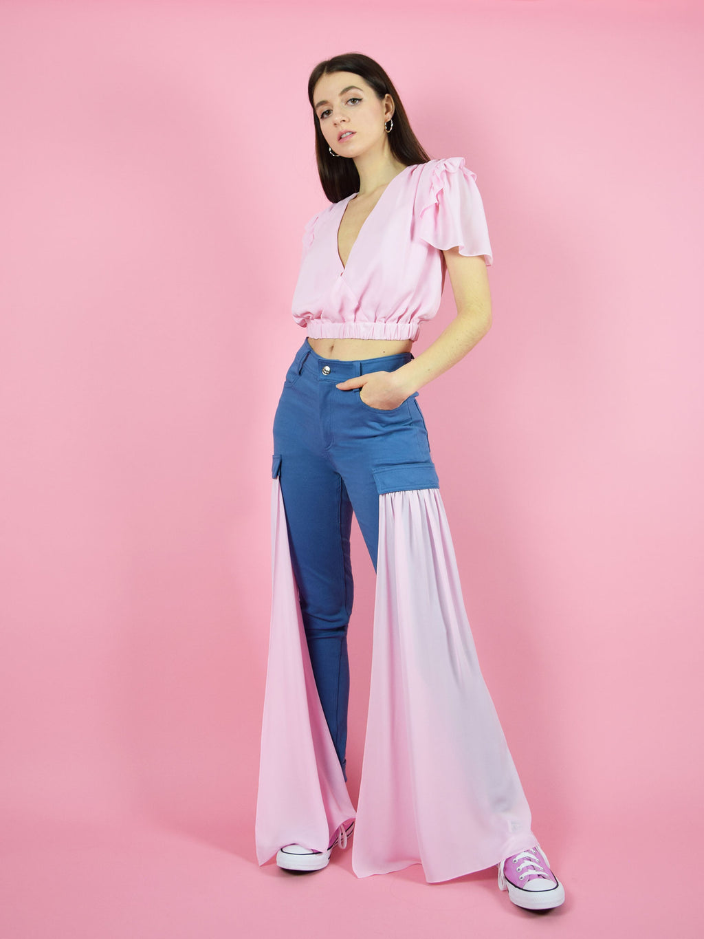 Wildflower Skinny Jeans with Veils, Upcycled Cotton, in Denim Blue & Pink