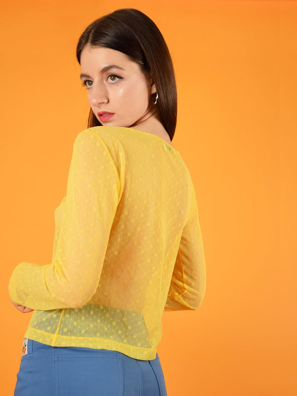 backshot of a beautiful floral lace top with long sleeves in yellow. design by blonde gone rogue.
