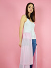 Sideshot of blonde gone rogue's summer breeze tanktop with pink detachable veil.