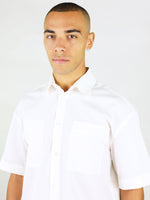 Sustainable white linen shirt with short sleeves by blonde gone rogue