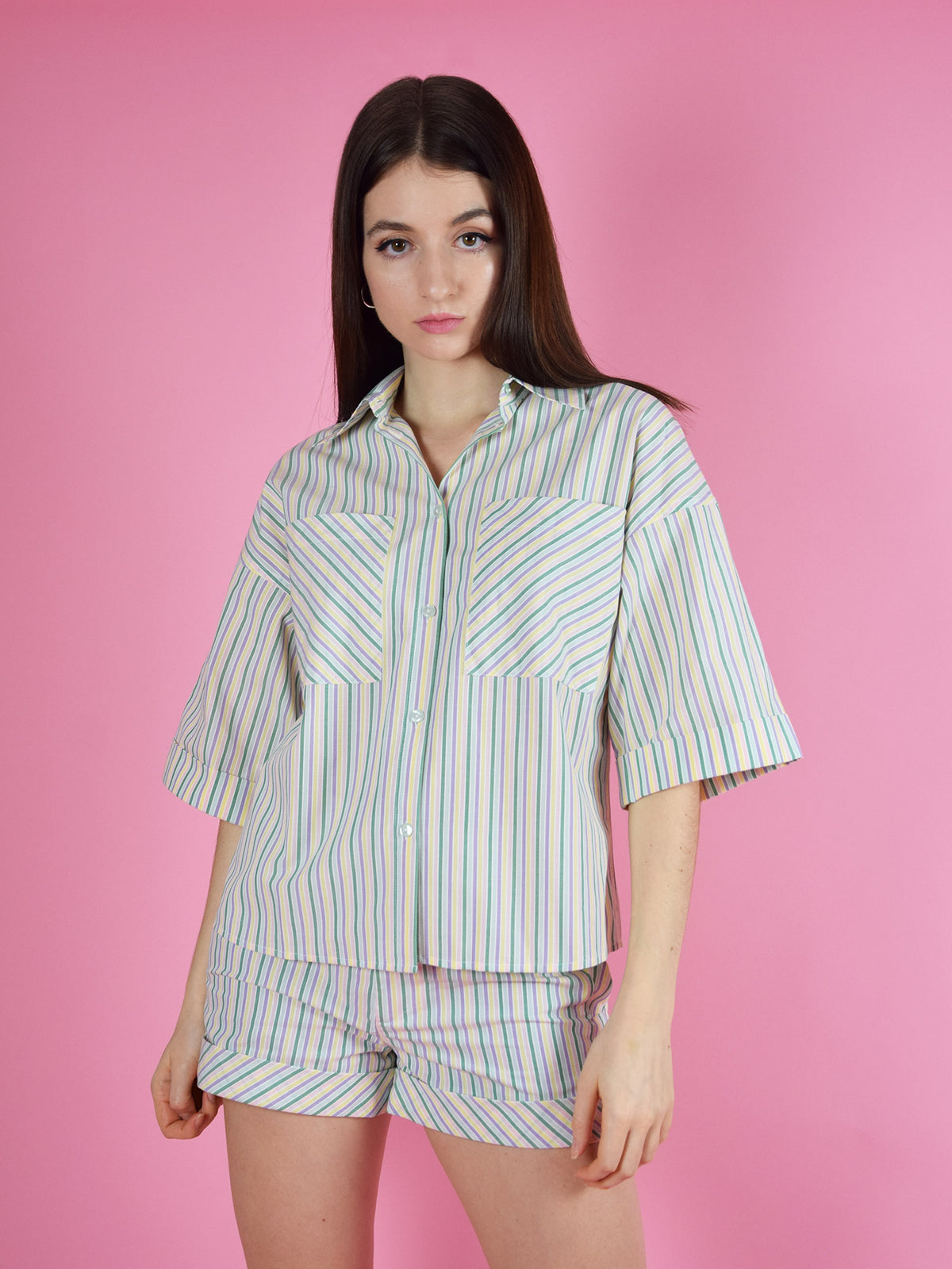 Ocean Drive Boxy Shirt, Upcycled Cotton, in Colourful Stripes