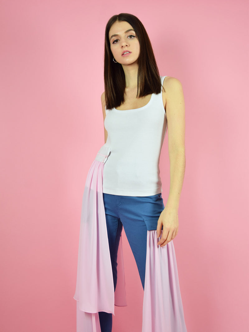 The jersey white tank top with pink veil. Design by blonde gone rogue.