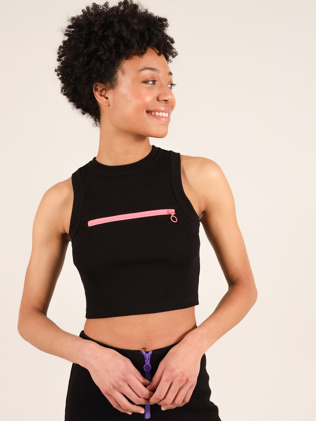 Wicked Zipper Crop Racer Top, Cotton, in Black