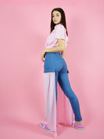 Backshot of blonde gone rogue's  wildflower skinny sustainable jeans with detachable veil detail in pink.